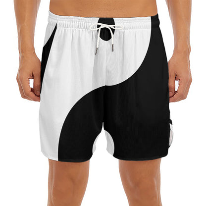 Black And White Yin Yang Symbol Print Men's Split Running Shorts