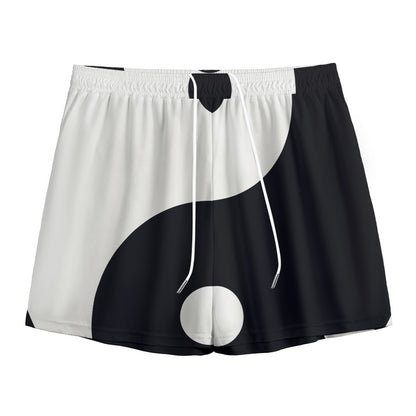 Black And White Yin Yang Symbol Print Mesh Shorts