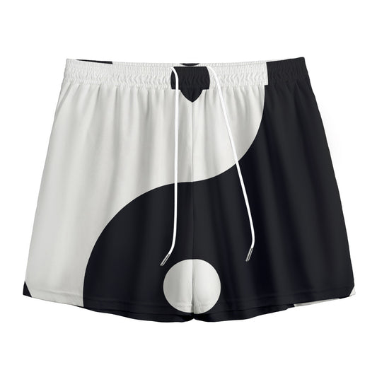Black And White Yin Yang Symbol Print Mesh Shorts