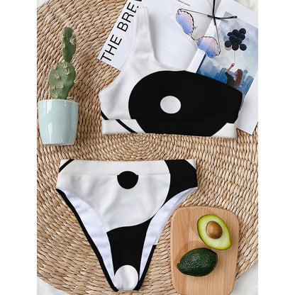 Black And White Yin Yang Symbol Print One Shoulder Bikini Top