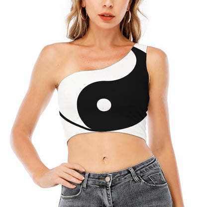 Black And White Yin Yang Symbol Print One Shoulder Crop Top