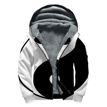 Black And White Yin Yang Symbol Print Sherpa Lined Zip Up Hoodie