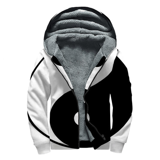 Black And White Yin Yang Symbol Print Sherpa Lined Zip Up Hoodie