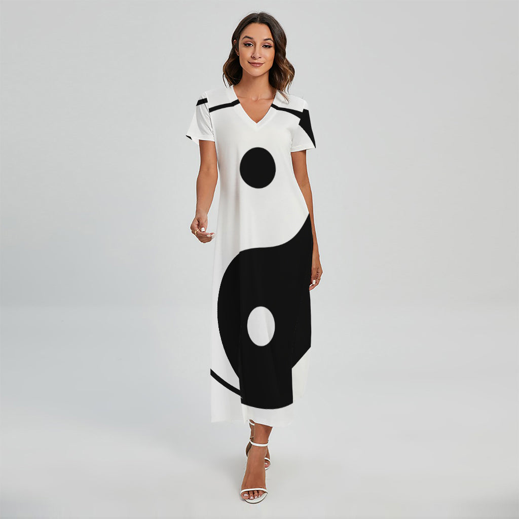 Black And White Yin Yang Symbol Print Short Sleeve Maxi Dress
