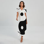 Black And White Yin Yang Symbol Print Short Sleeve Maxi Dress