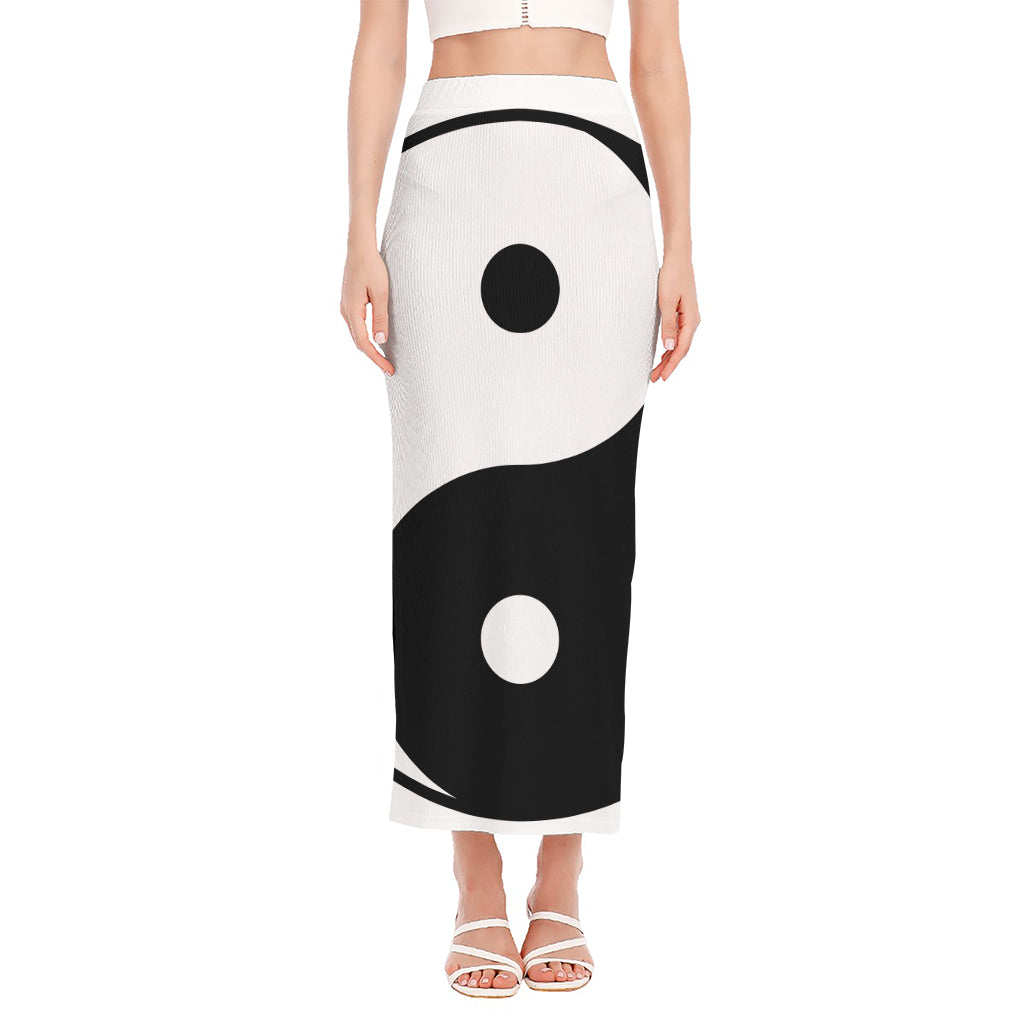 Black And White Yin Yang Symbol Print Side Slit Maxi Skirt