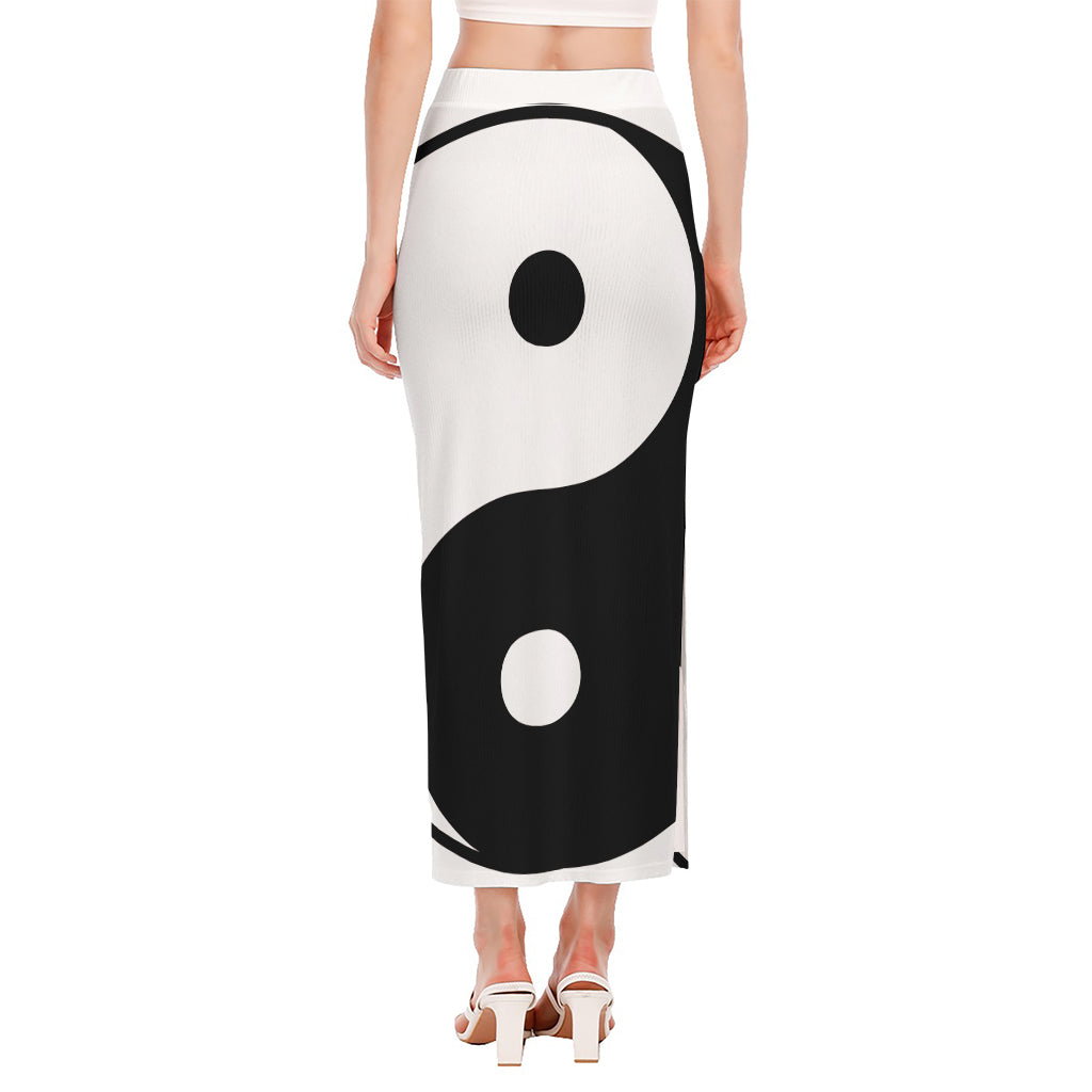 Black And White Yin Yang Symbol Print Side Slit Maxi Skirt