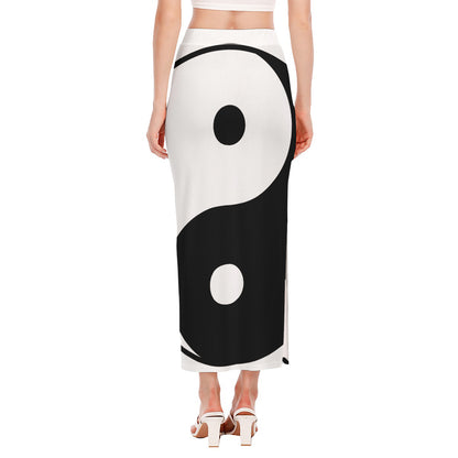 Black And White Yin Yang Symbol Print Side Slit Maxi Skirt