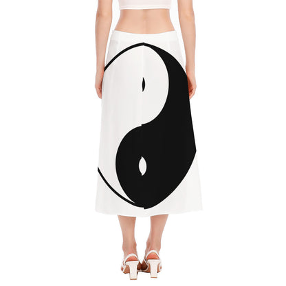 Black And White Yin Yang Symbol Print Side Slit Midi Skirt