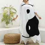 Black And White Yin Yang Symbol Print Silk V-Neck Kaftan Dress