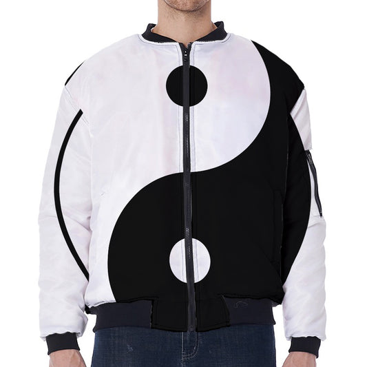 Black And White Yin Yang Symbol Print Zip Sleeve Bomber Jacket
