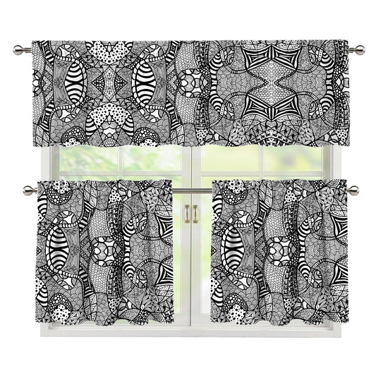 Black And White Zentangle Pattern Print 3 Piece Kitchen Curtains