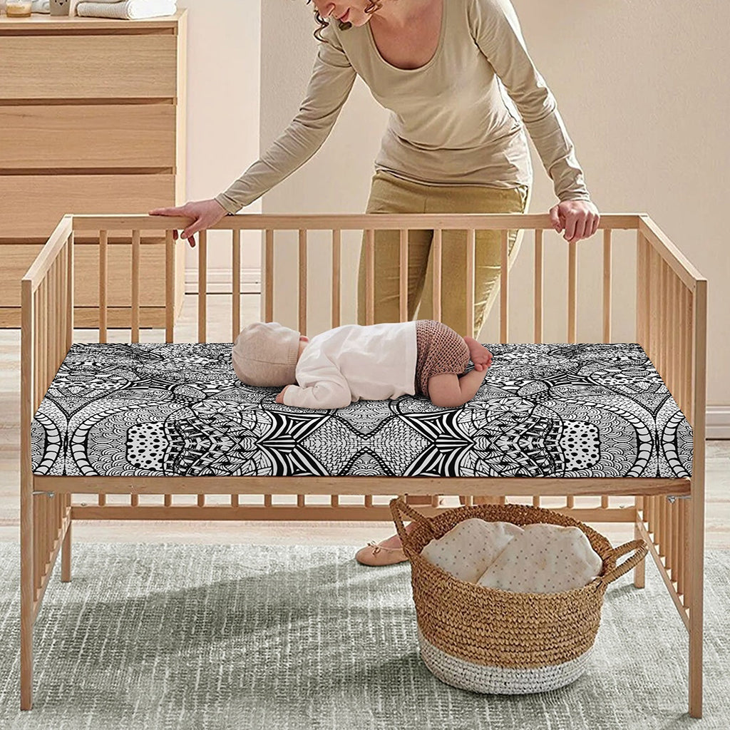 Black And White Zentangle Pattern Print Baby Crib Sheet