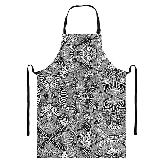 Black And White Zentangle Pattern Print Bib Apron With Pocket