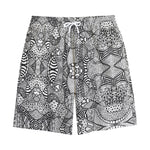 Black And White Zentangle Pattern Print Cotton Shorts