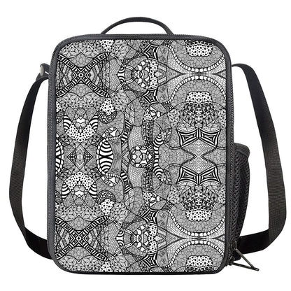 Black And White Zentangle Pattern Print Crossbody Lunch Bag