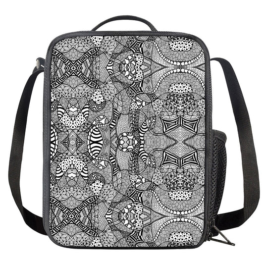 Black And White Zentangle Pattern Print Crossbody Lunch Bag