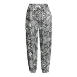 Black And White Zentangle Pattern Print Fleece Lined Knit Pants