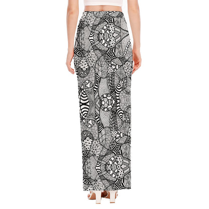 Black And White Zentangle Pattern Print High Slit Maxi Skirt