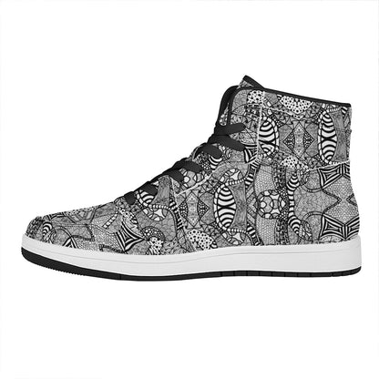 Black And White Zentangle Pattern Print High Top Leather Sneakers