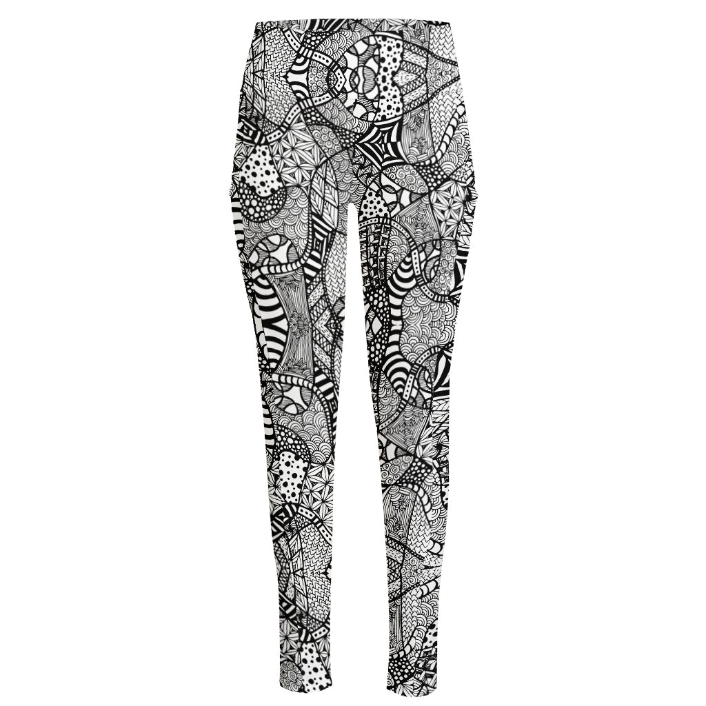 Black And White Zentangle Pattern Print High-Waisted Pocket Leggings