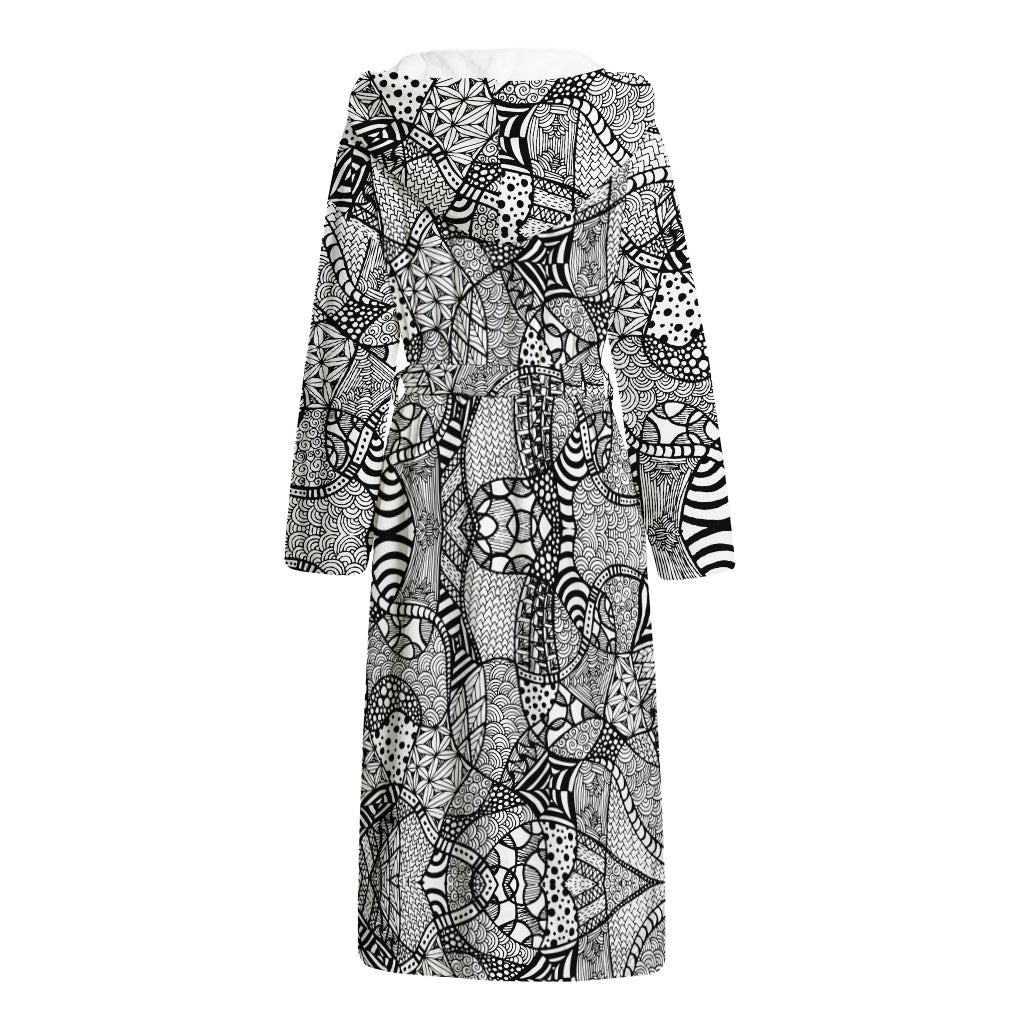 Black And White Zentangle Pattern Print Hooded Bathrobe