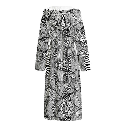 Black And White Zentangle Pattern Print Hooded Bathrobe
