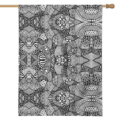Black And White Zentangle Pattern Print House Flag