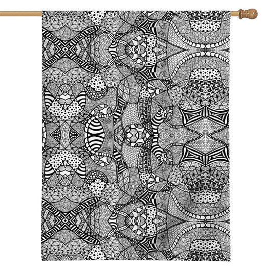 Black And White Zentangle Pattern Print House Flag