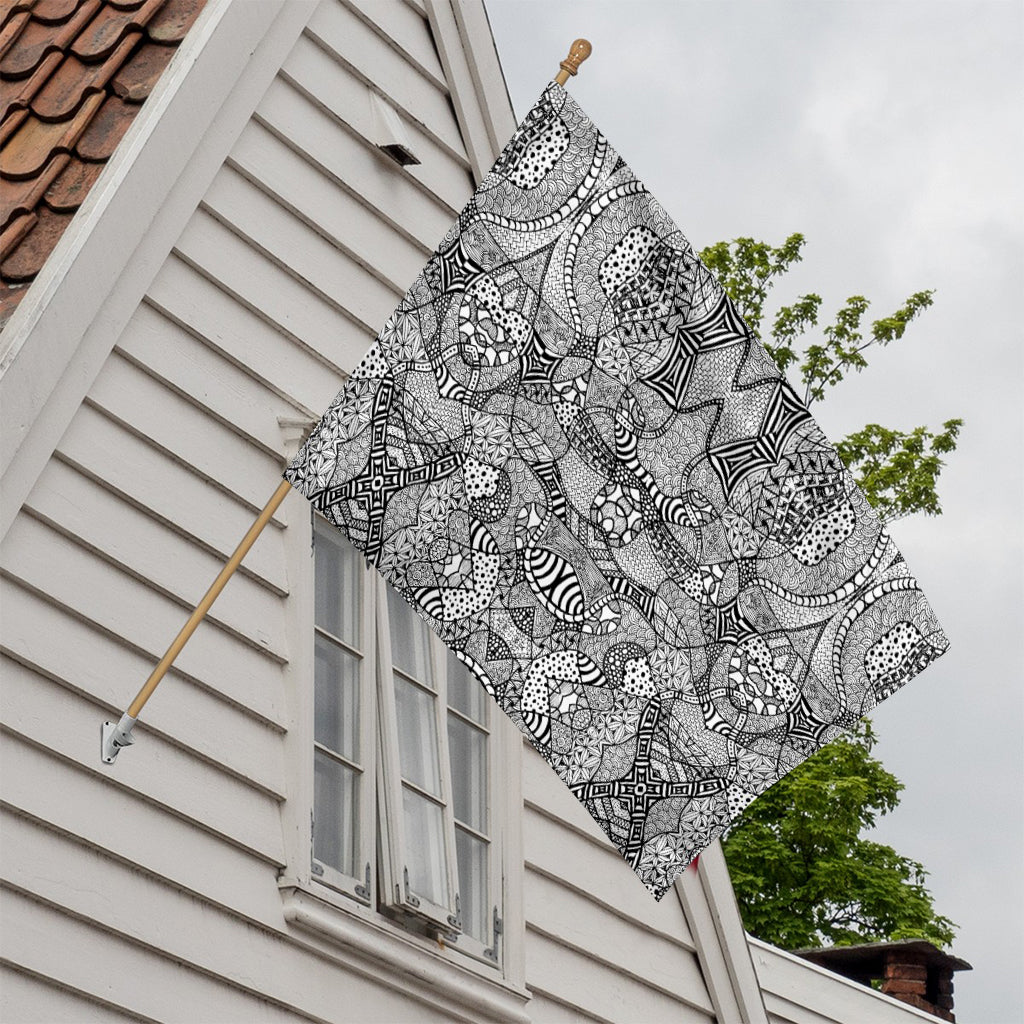 Black And White Zentangle Pattern Print House Flag