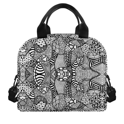 Black And White Zentangle Pattern Print Insulated Lunch Bag