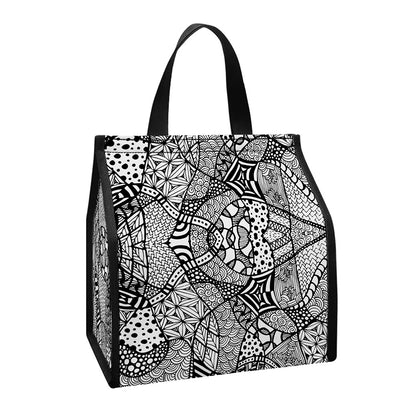 Black And White Zentangle Pattern Print Insulated Lunch Tote