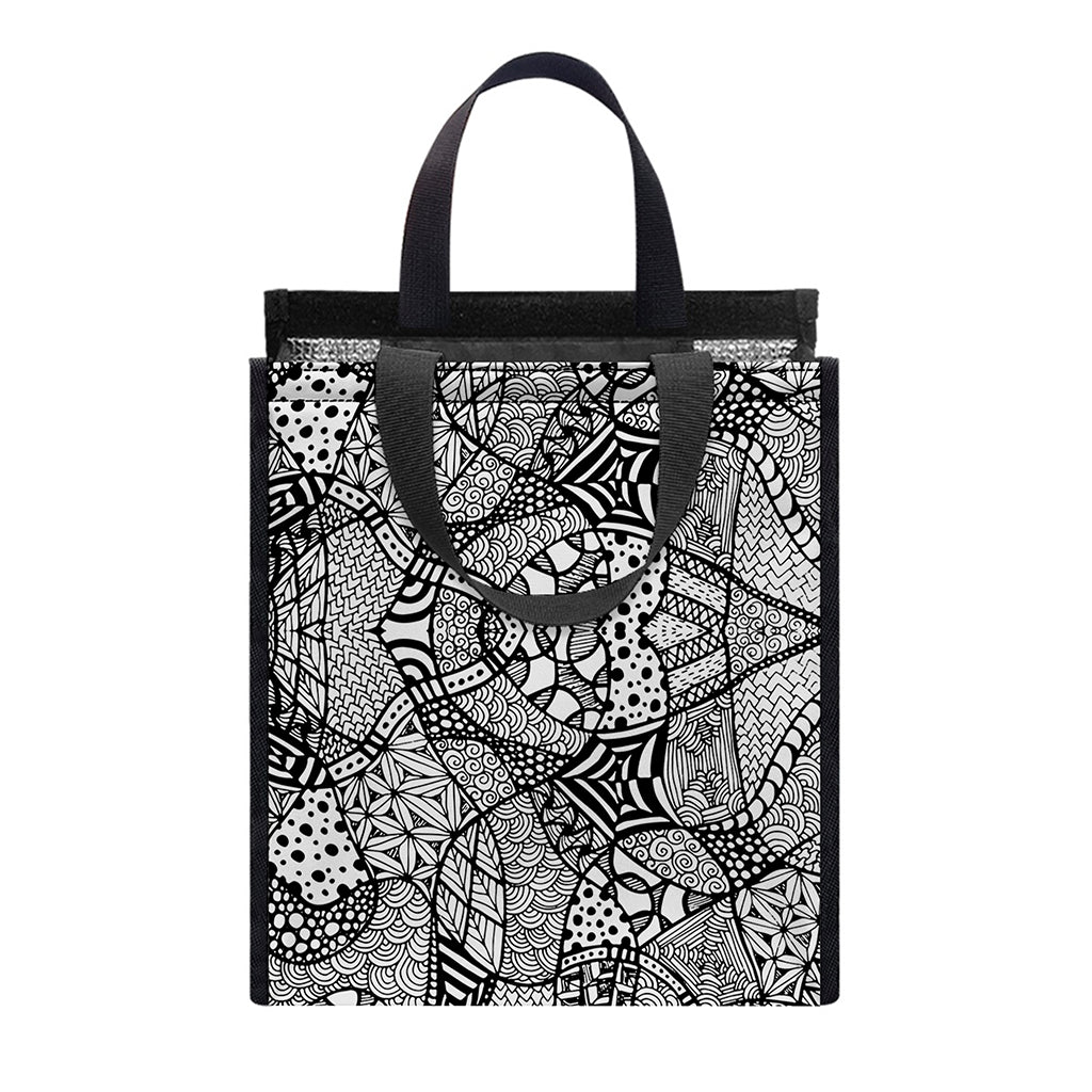 Black And White Zentangle Pattern Print Insulated Lunch Tote