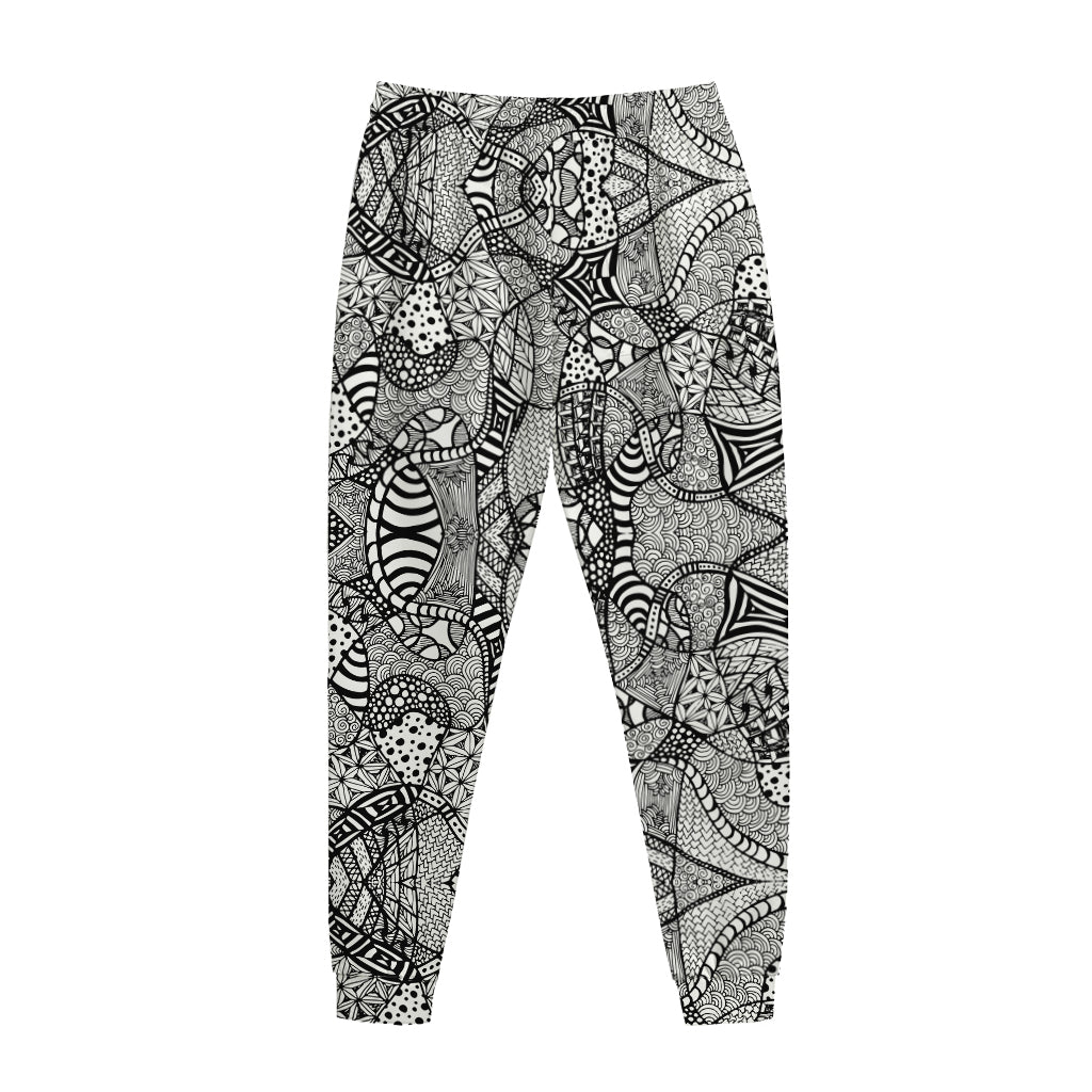 Black And White Zentangle Pattern Print Jogger Pants