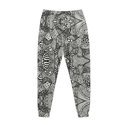 Black And White Zentangle Pattern Print Jogger Pants
