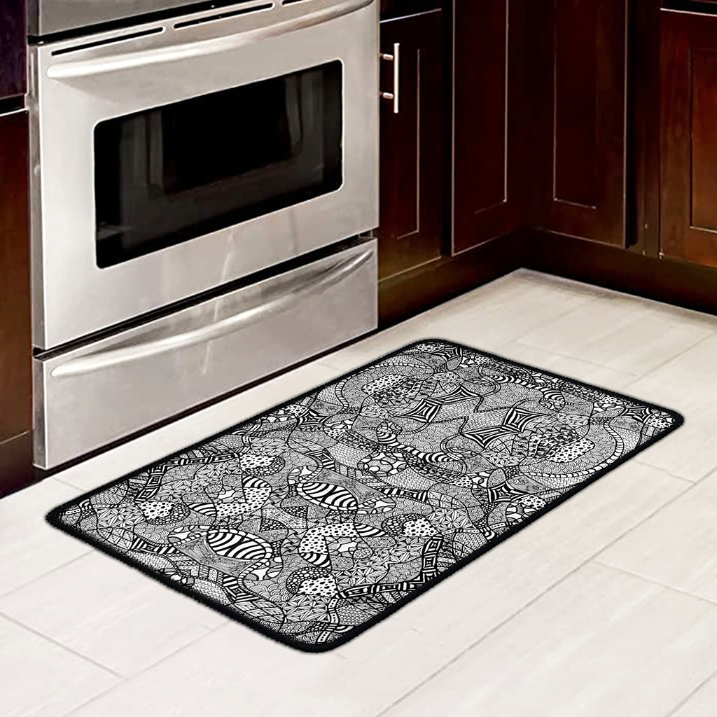 Black And White Zentangle Pattern Print Kitchen Mat