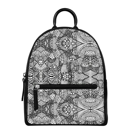 Black And White Zentangle Pattern Print Leather Backpack