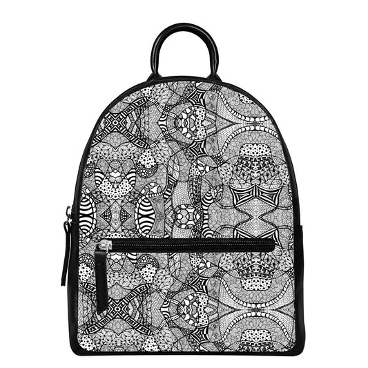 Black And White Zentangle Pattern Print Leather Backpack