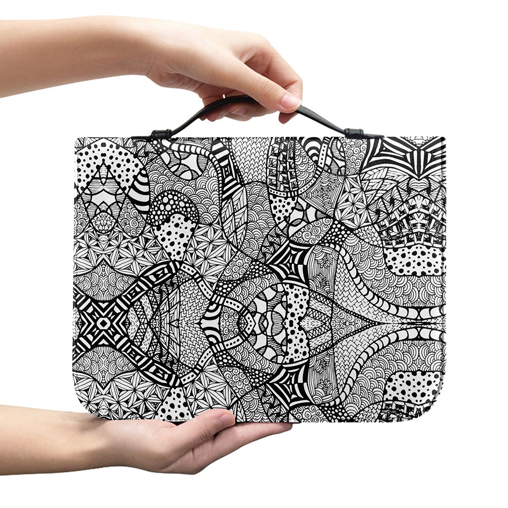Black And White Zentangle Pattern Print Leather Bible Cover