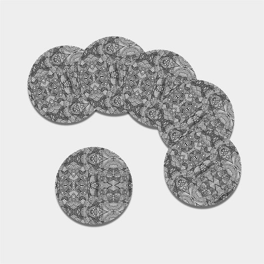 Black And White Zentangle Pattern Print Leather Coaster Set