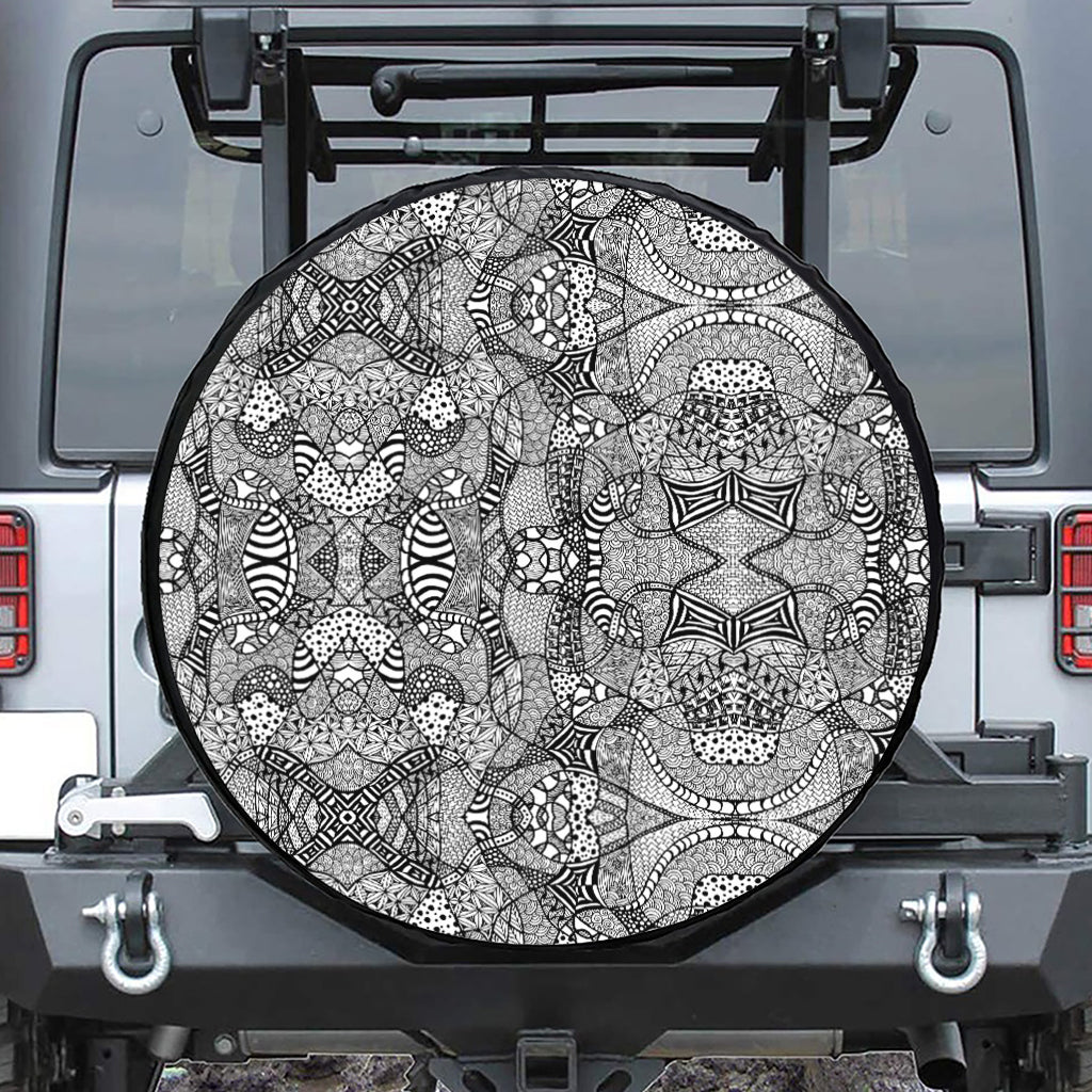 Black And White Zentangle Pattern Print Leather Spare Tire Cover