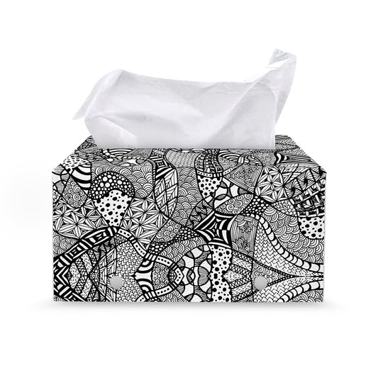 Black And White Zentangle Pattern Print Leather Tissue Box Cover