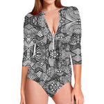Black And White Zentangle Pattern Print Long Sleeve Swimsuit