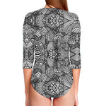 Black And White Zentangle Pattern Print Long Sleeve Swimsuit