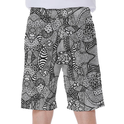 Black And White Zentangle Pattern Print Men's Beach Shorts