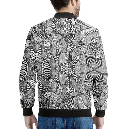 Black And White Zentangle Pattern Print Men's Bomber Jacket