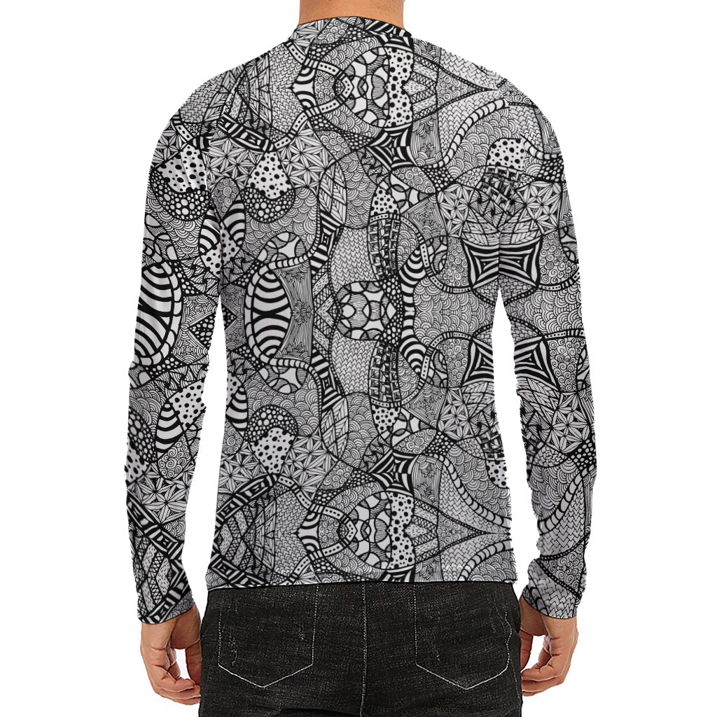 Black And White Zentangle Pattern Print Men's Long Sleeve Rash Guard