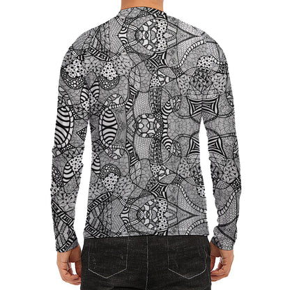Black And White Zentangle Pattern Print Men's Long Sleeve Rash Guard