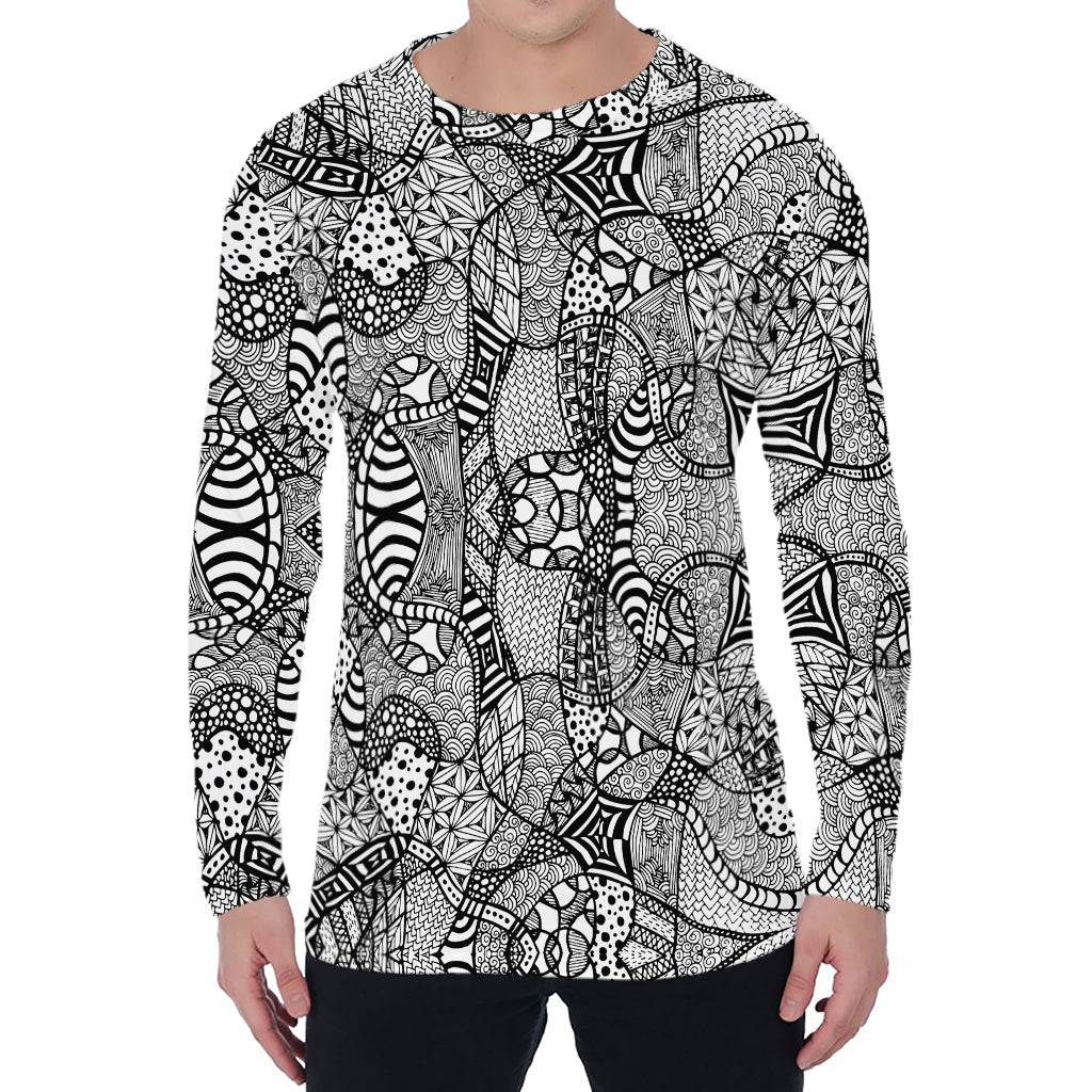 Black And White Zentangle Pattern Print Men's Long Sleeve T-Shirt