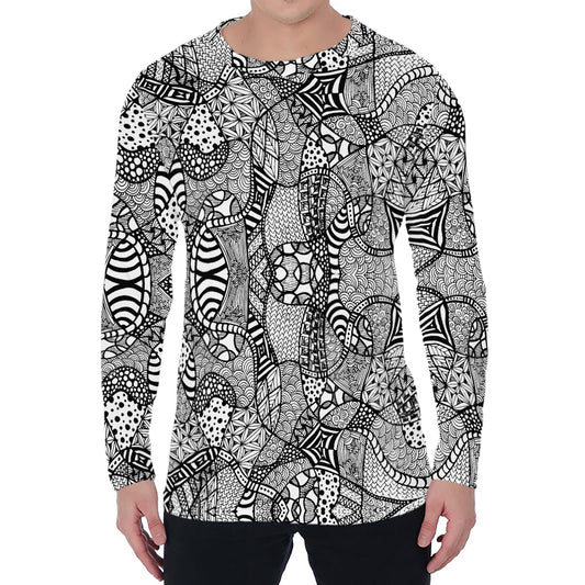 Black And White Zentangle Pattern Print Men's Long Sleeve T-Shirt